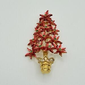 MYLU Red Poinsettia Christmas Tree Rhinestone & Enamel Pin Brooch Vintage Rare